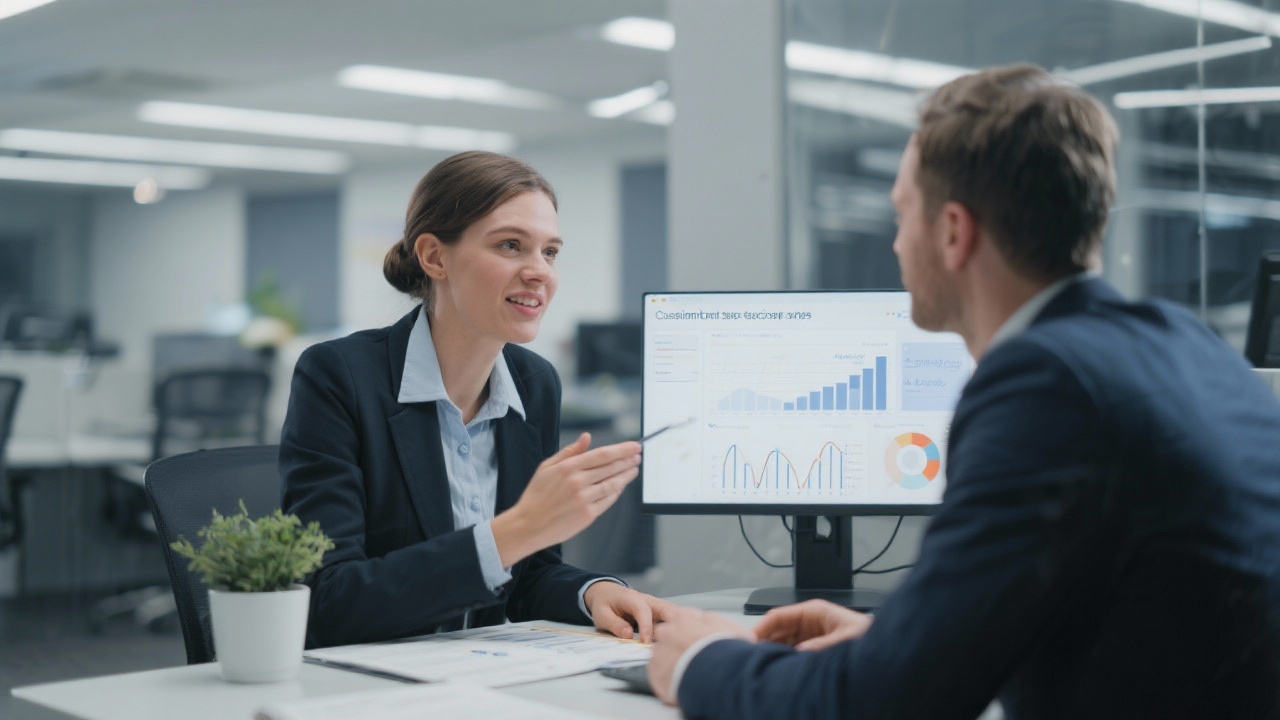 High resolution photograph of business analysts reviewing predictive revenue dashboards on large displays in a bright Budapest office collaboration space dedicated to data science