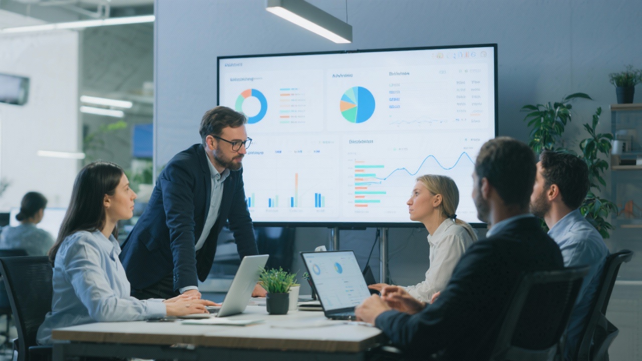 Team members collaborating around interactive business intelligence dashboards displayed on large monitors in a contemporary workspace