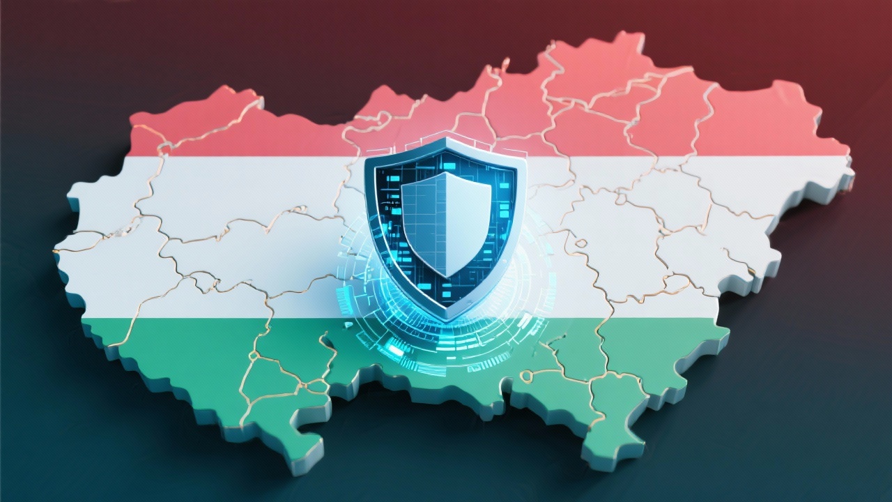 Stylized map of Hungary combined with digital security shield representing data compliance across national infrastructure