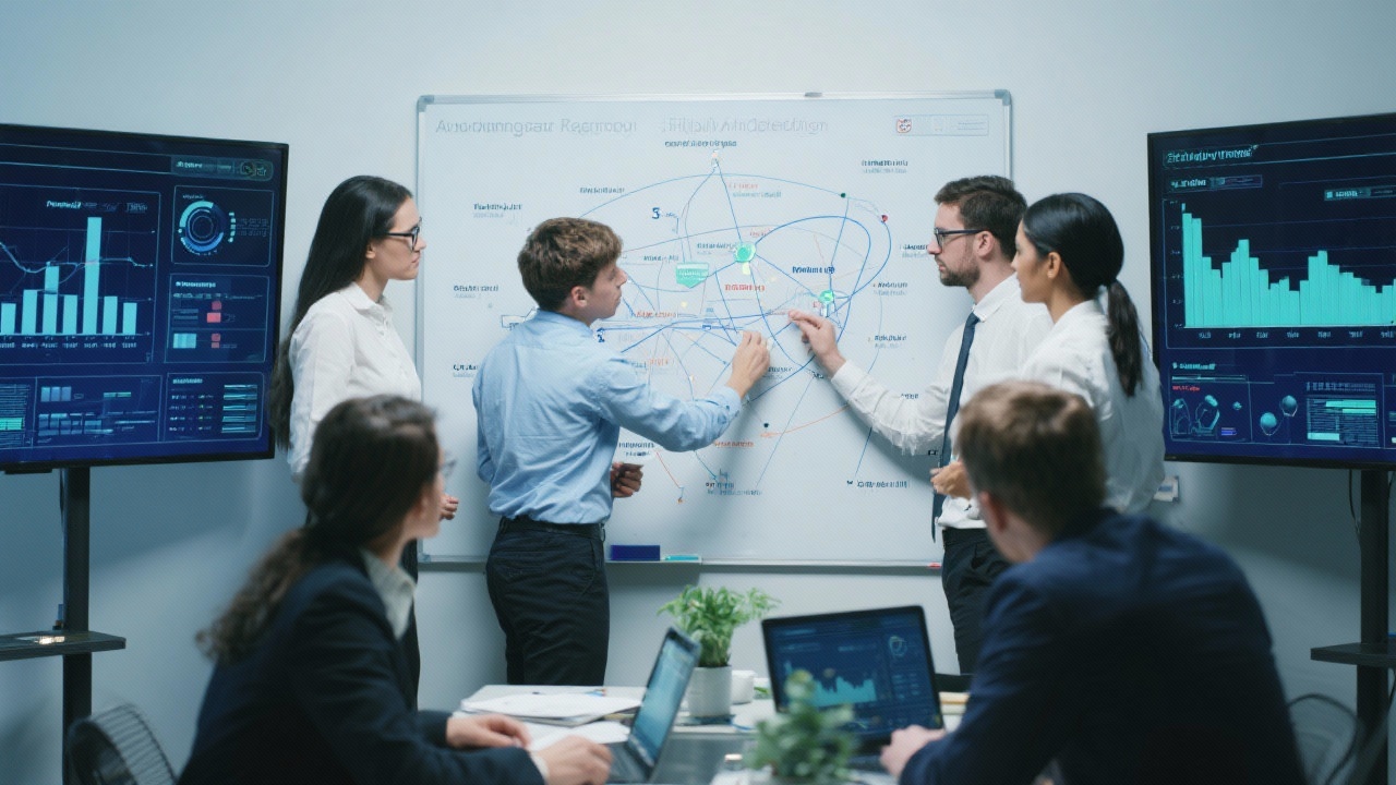 Group of data professionals mapping analytics methodology on whiteboard with digital screens showing forecasting frameworks