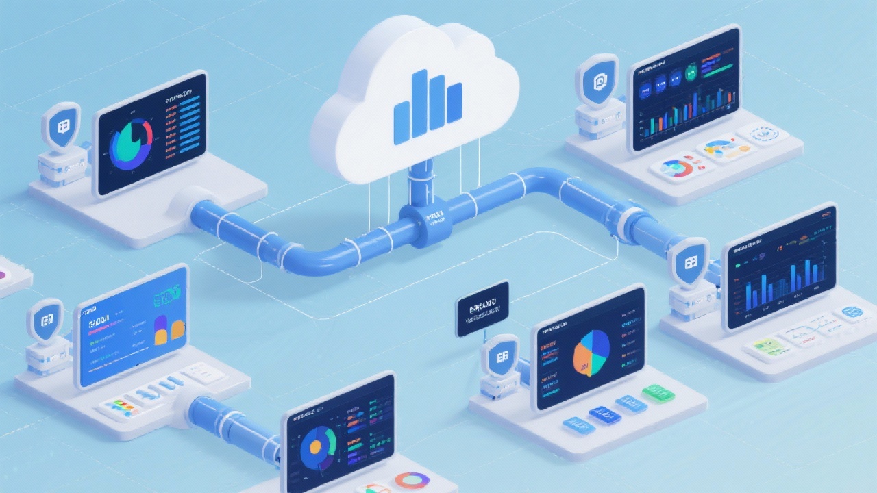 Detailed illustration showing cloud based data integration pipelines connecting ERP systems to predictive analytics dashboards across multiple secure modules