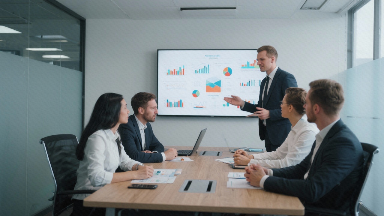 Professional strategy session where analysts and executives review business analytics frameworks in a modern Hungarian office conference room